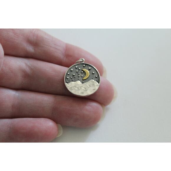 Sterling Silver Mountain Pendant with Bronze Moon Charm - Picture 2 of 4